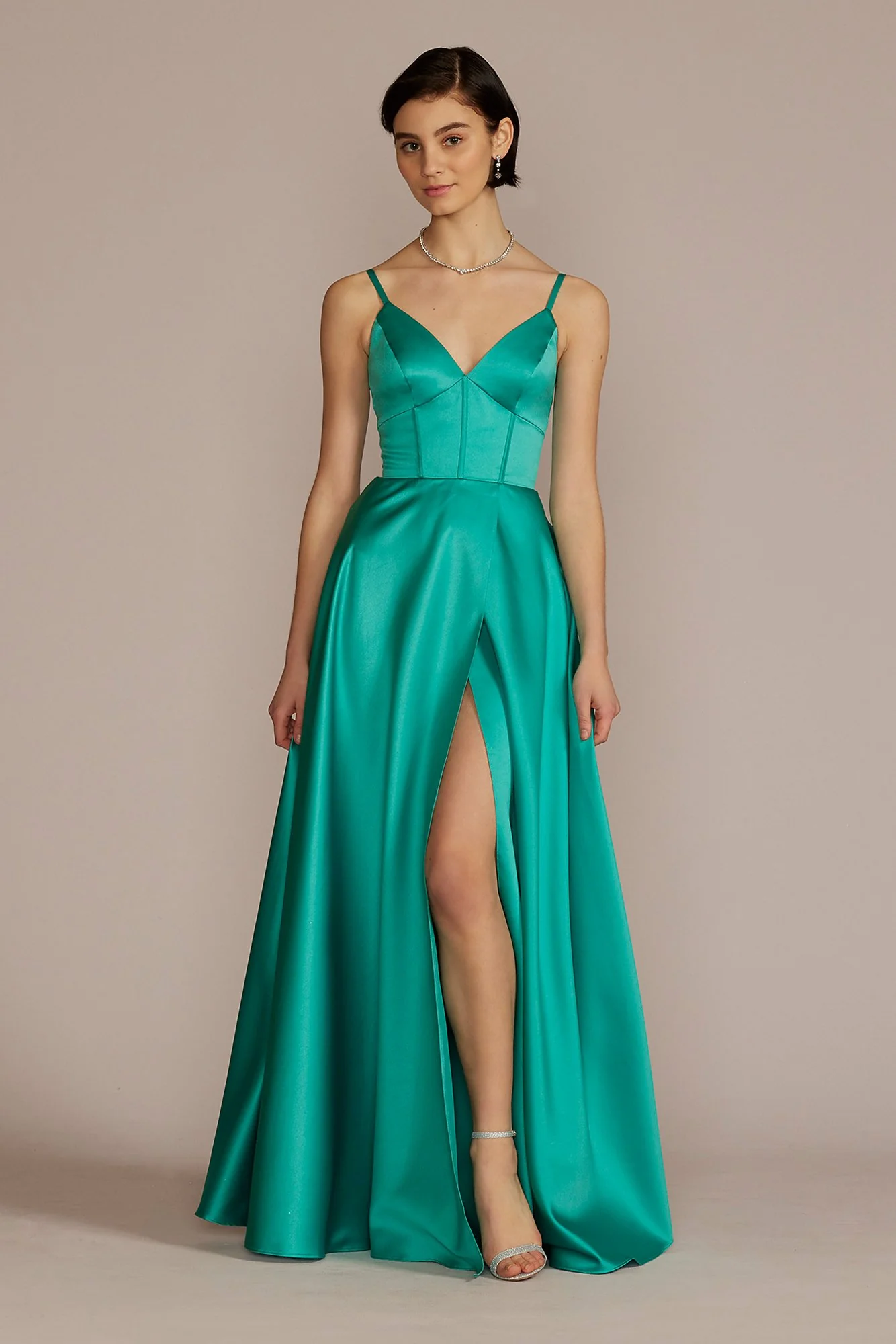V-Neck Satin A-Line Gown with Corset Bodice - Image 2