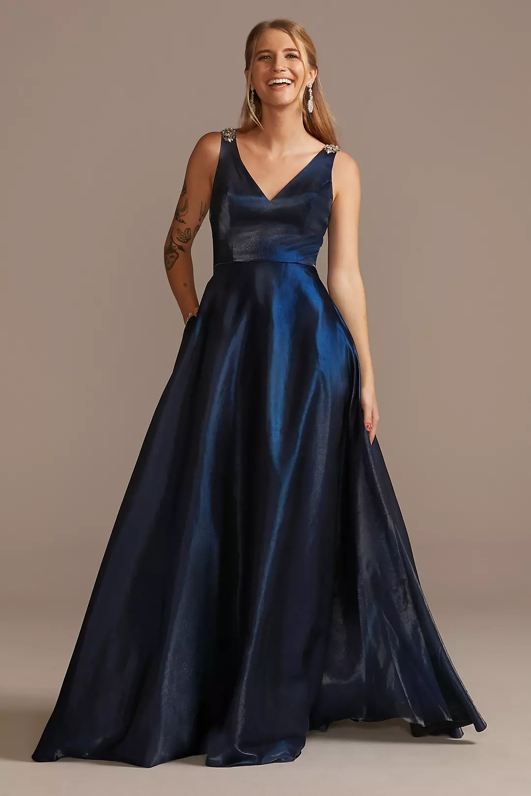 V-Neck Satin Ball Gown with Crystal Strap Details - Image 13