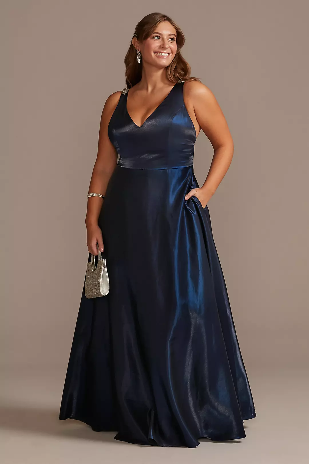 V-Neck Satin Ball Gown with Crystal Strap Details - Image 14