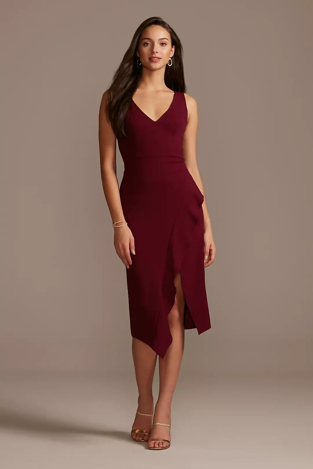 V-Neck Stretch Crepe Midi Dress with Ruffled  Slit - Image 108
