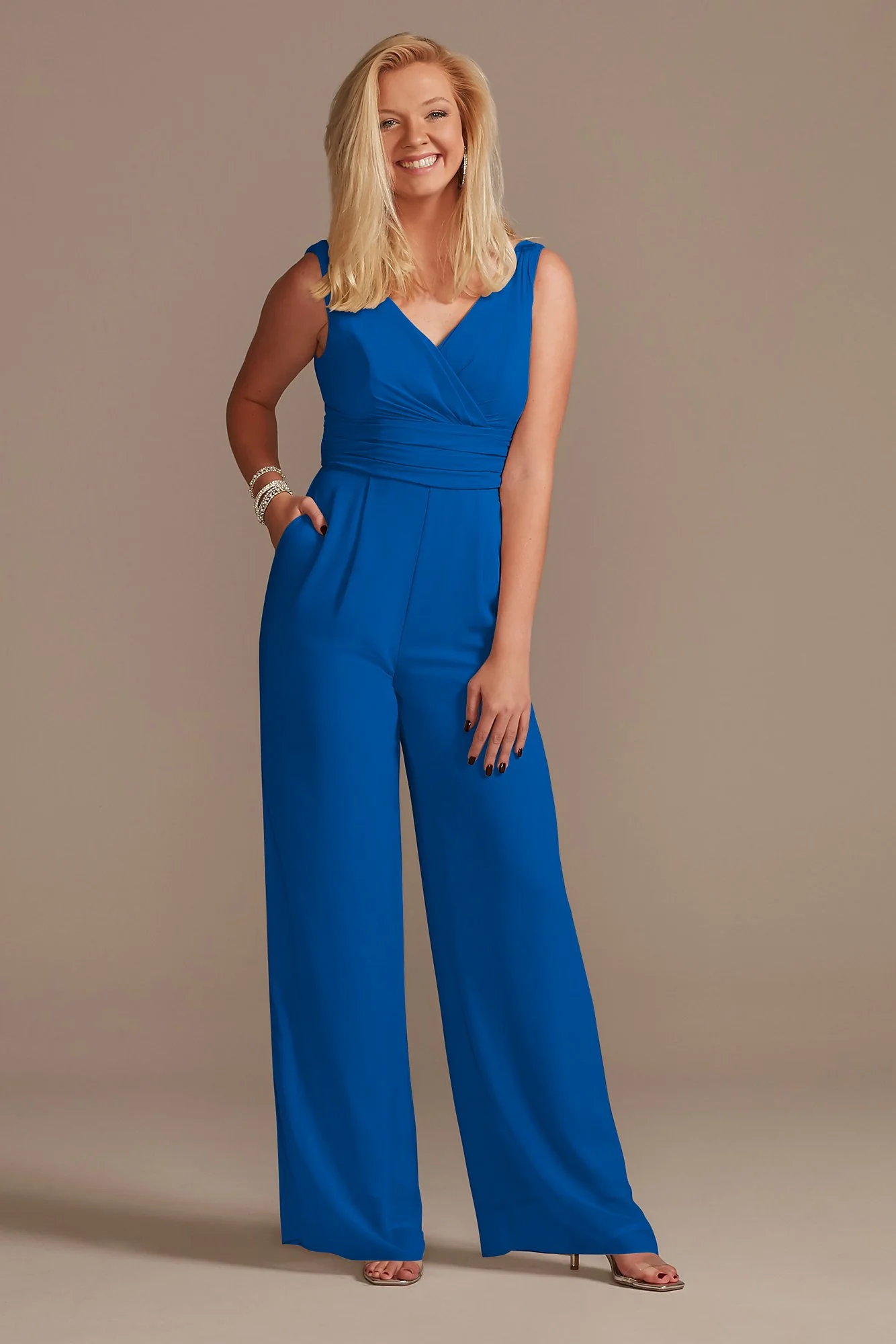 V-Neck Tie Waist Chiffon Bridesmaid Jumpsuit - Image 33