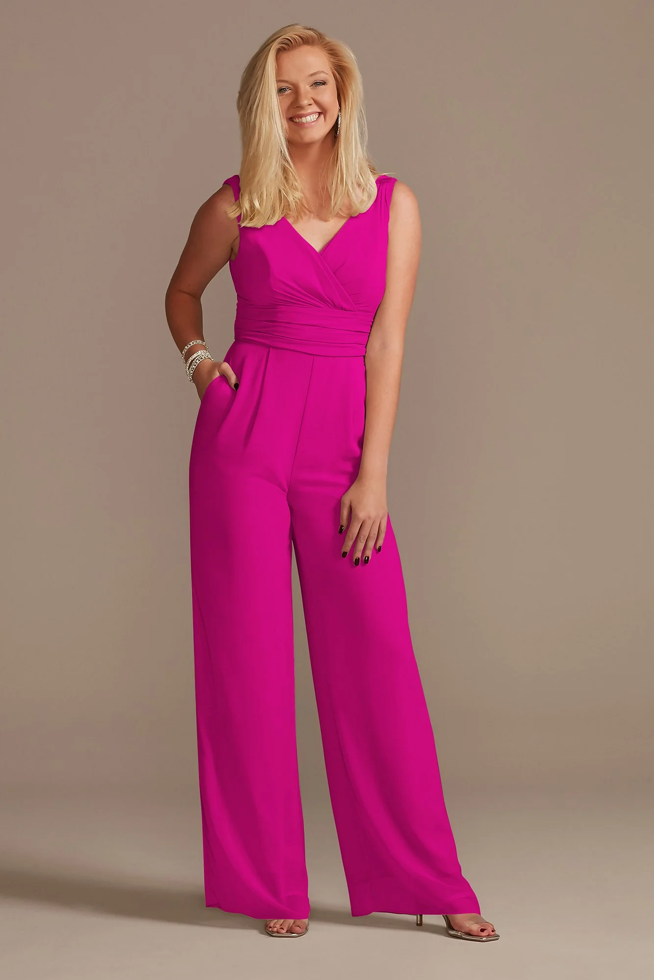 V-Neck Tie Waist Chiffon Bridesmaid Jumpsuit - Image 51