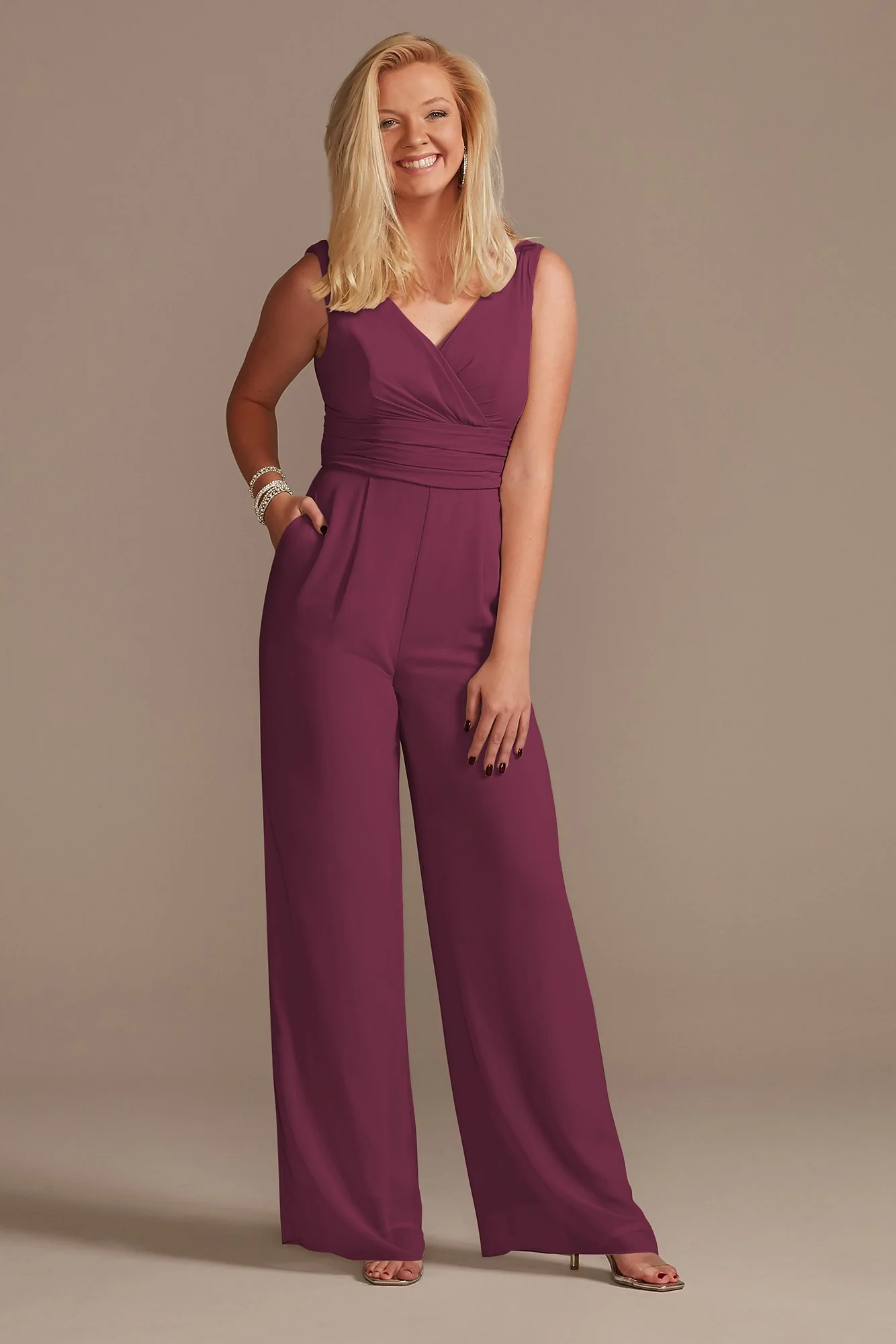 V-Neck Tie Waist Chiffon Bridesmaid Jumpsuit - Image 56