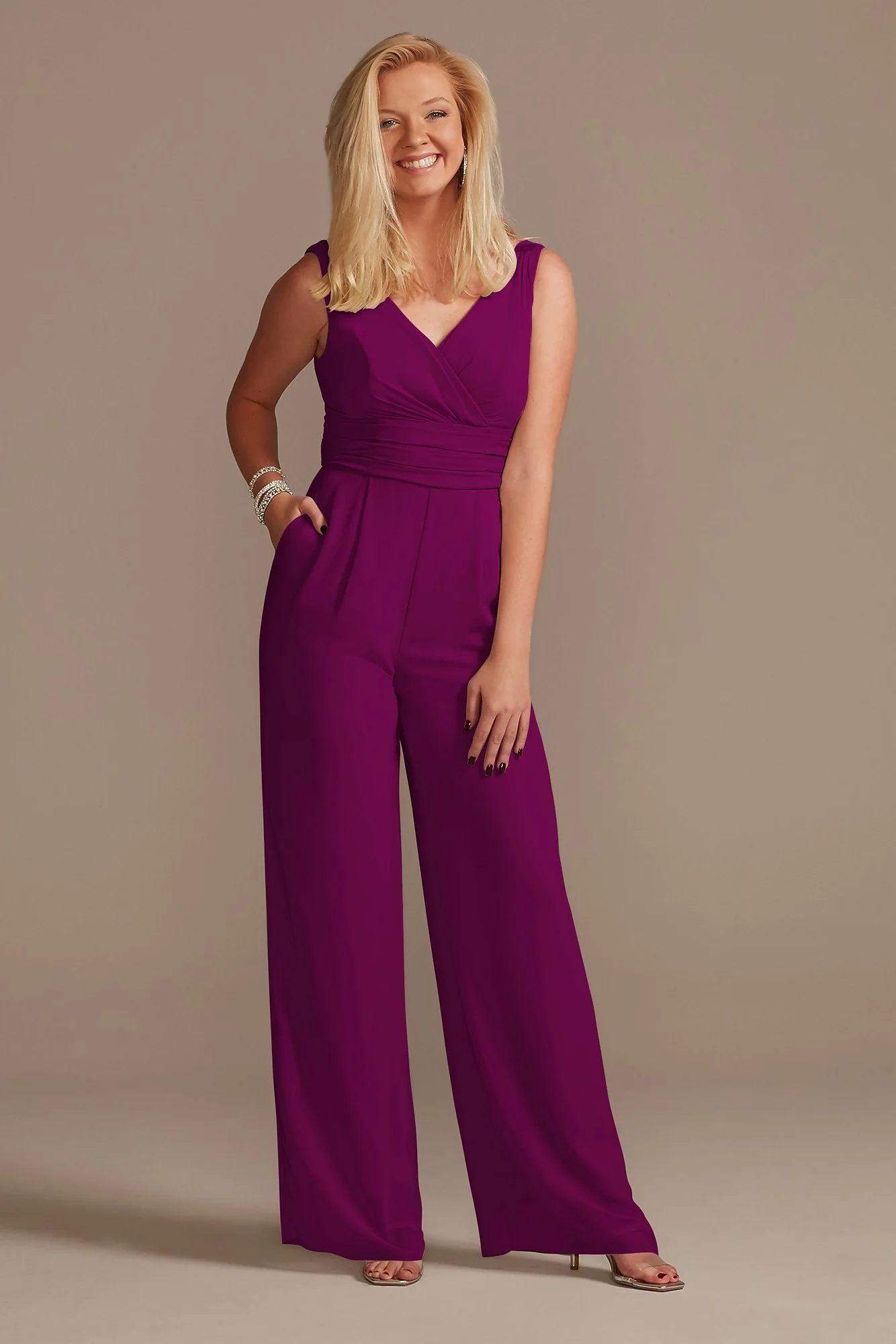 V-Neck Tie Waist Chiffon Bridesmaid Jumpsuit - Image 64