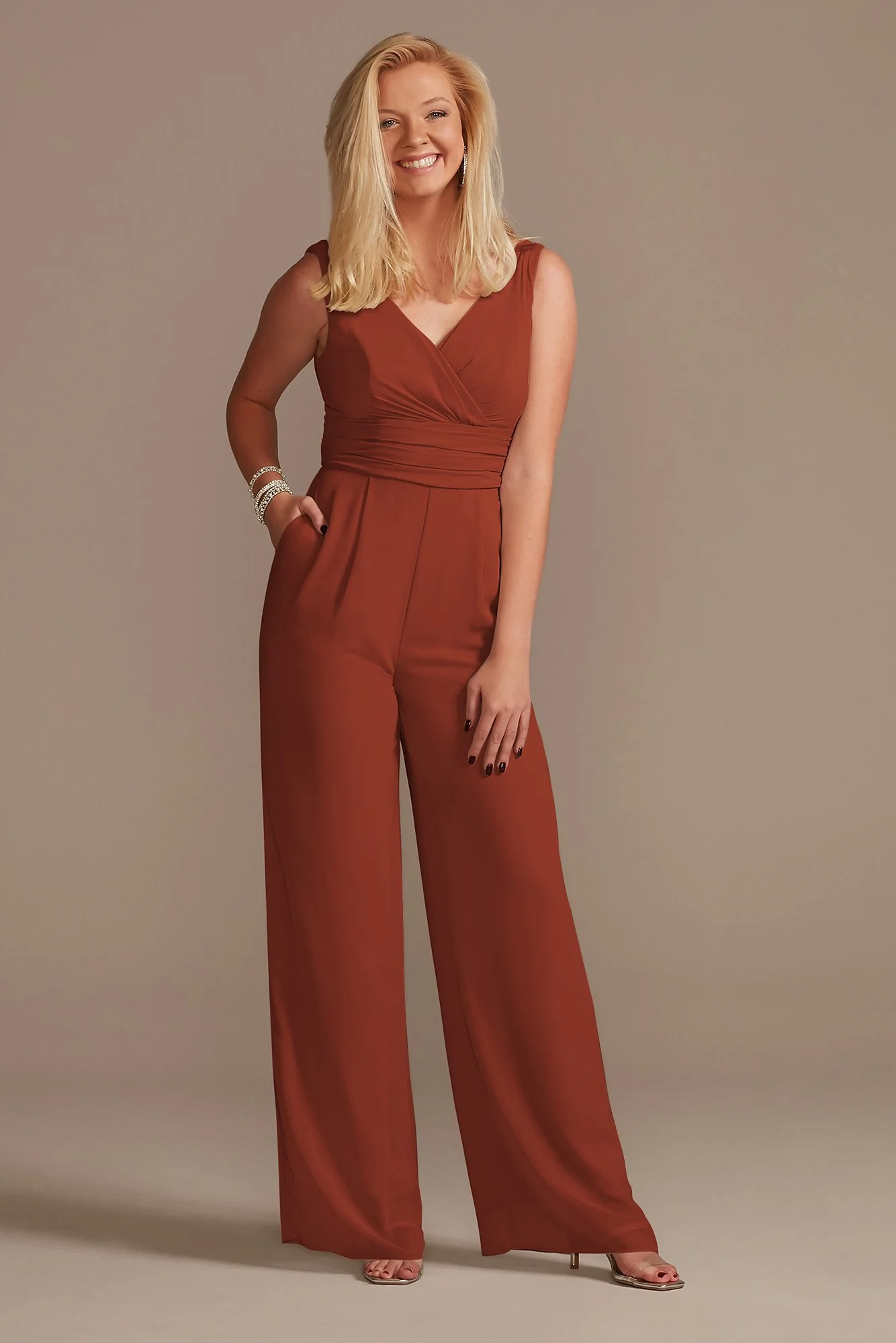 V-Neck Tie Waist Chiffon Bridesmaid Jumpsuit - Image 75