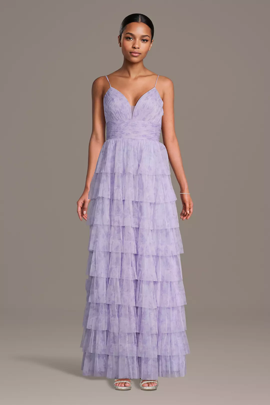 V-Neck Tiered Floral Mesh A-Line Dress