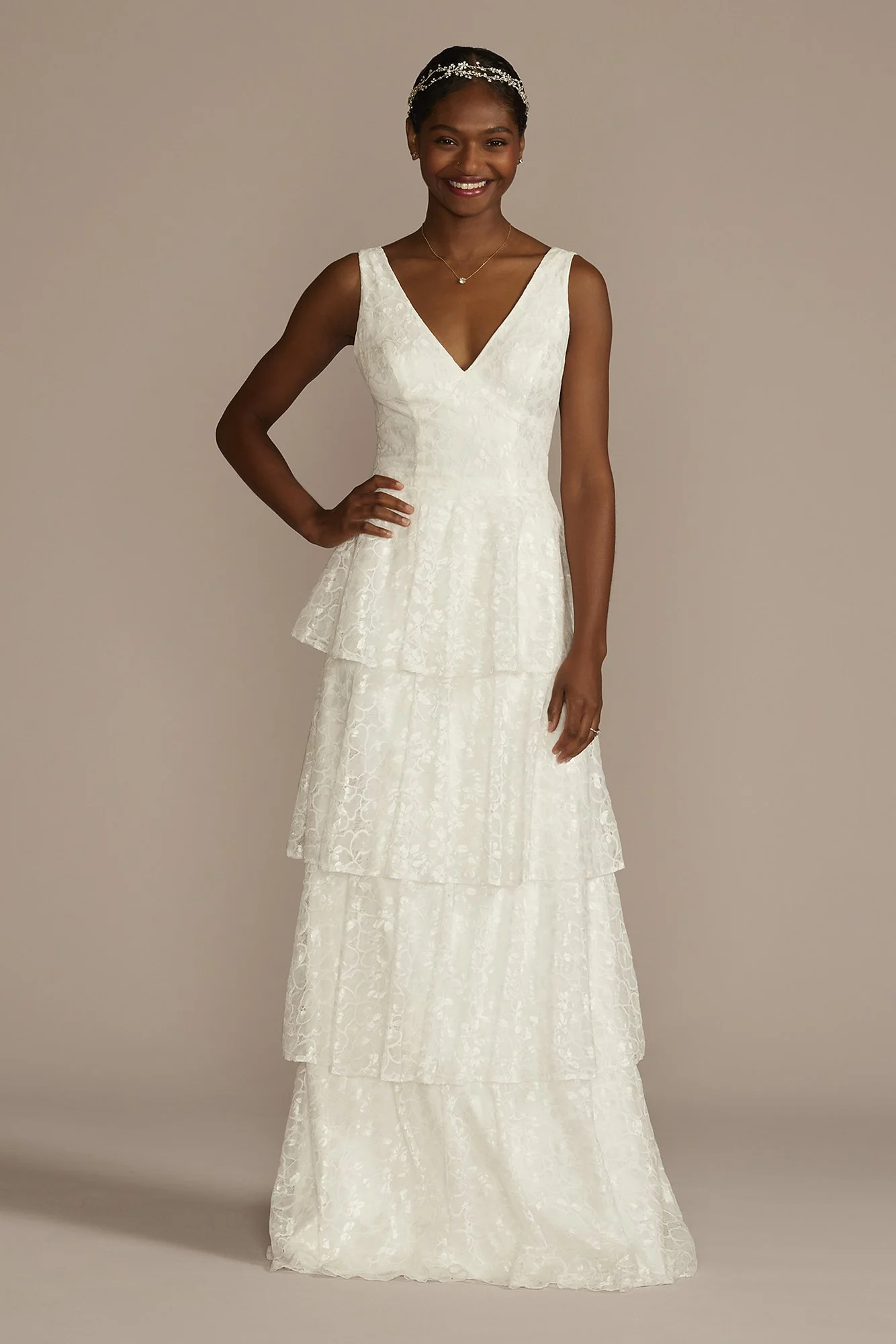 V-Neck Tiered Lace Tank Wedding Dress - Image 3