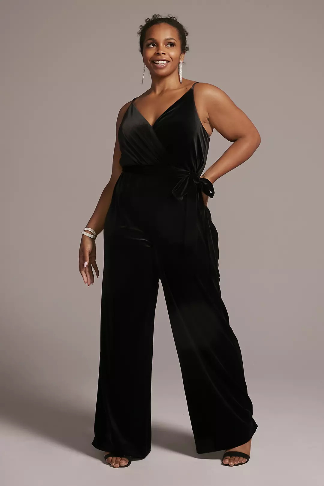 V-Neck Velvet Jumpsuit with Tie Waist - Image 4
