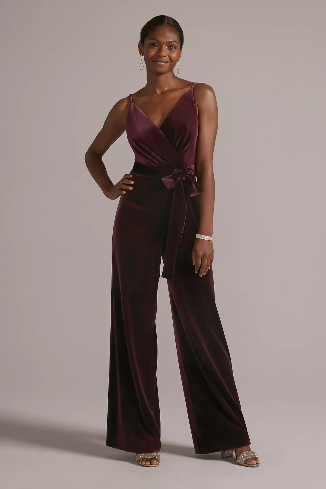 V-Neck Velvet Jumpsuit with Tie Waist - Image 5