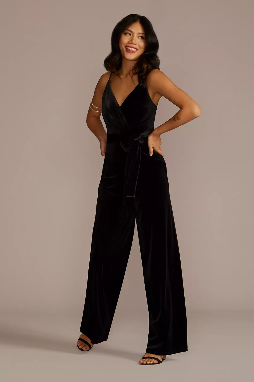 V-Neck Velvet Jumpsuit with Tie Waist - Image 9