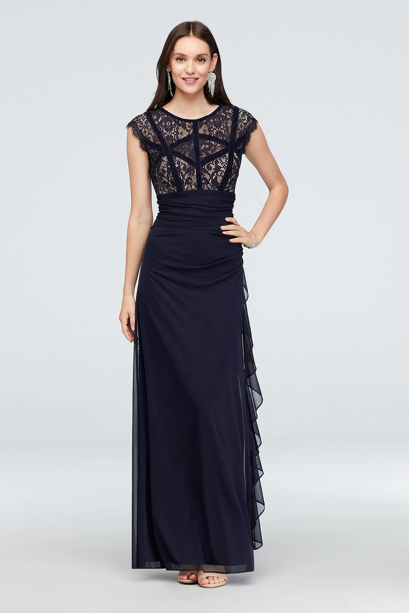 Velvet-Banded Lace and Chiffon Cap Sleeve Gown