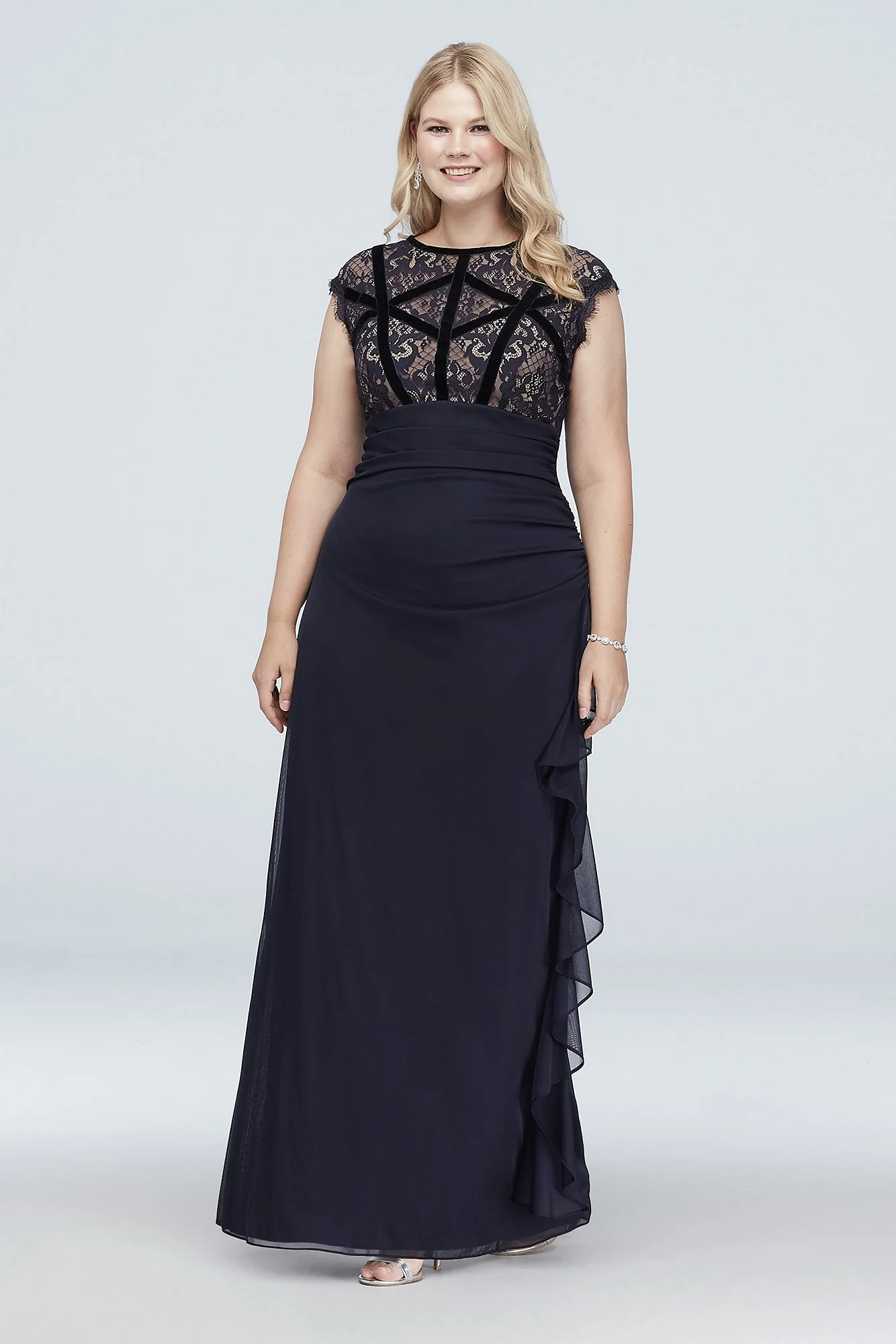 Velvet-Banded Lace and Chiffon Cap Sleeve Gown - Image 2