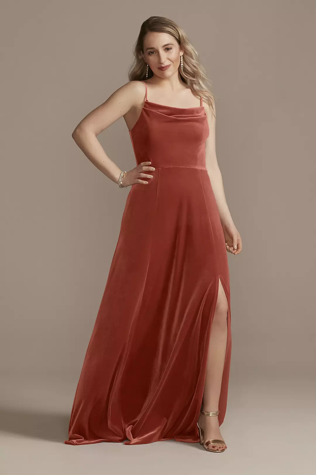 Velvet Cowl Neck Spaghetti Strap Dress - Image 3