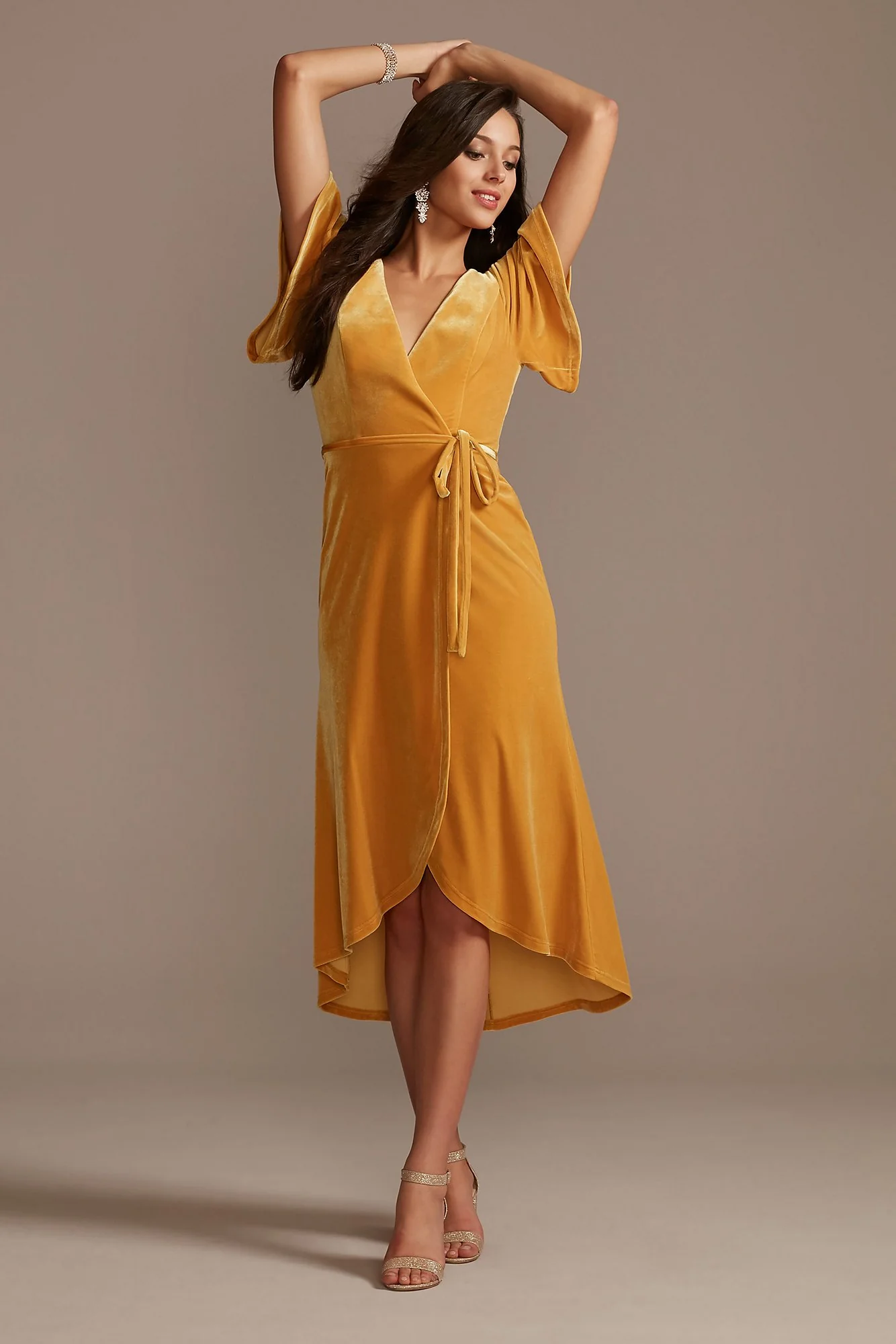 Velvet Flutter Sleeve Midi Dress with Tie Waist - Image 3