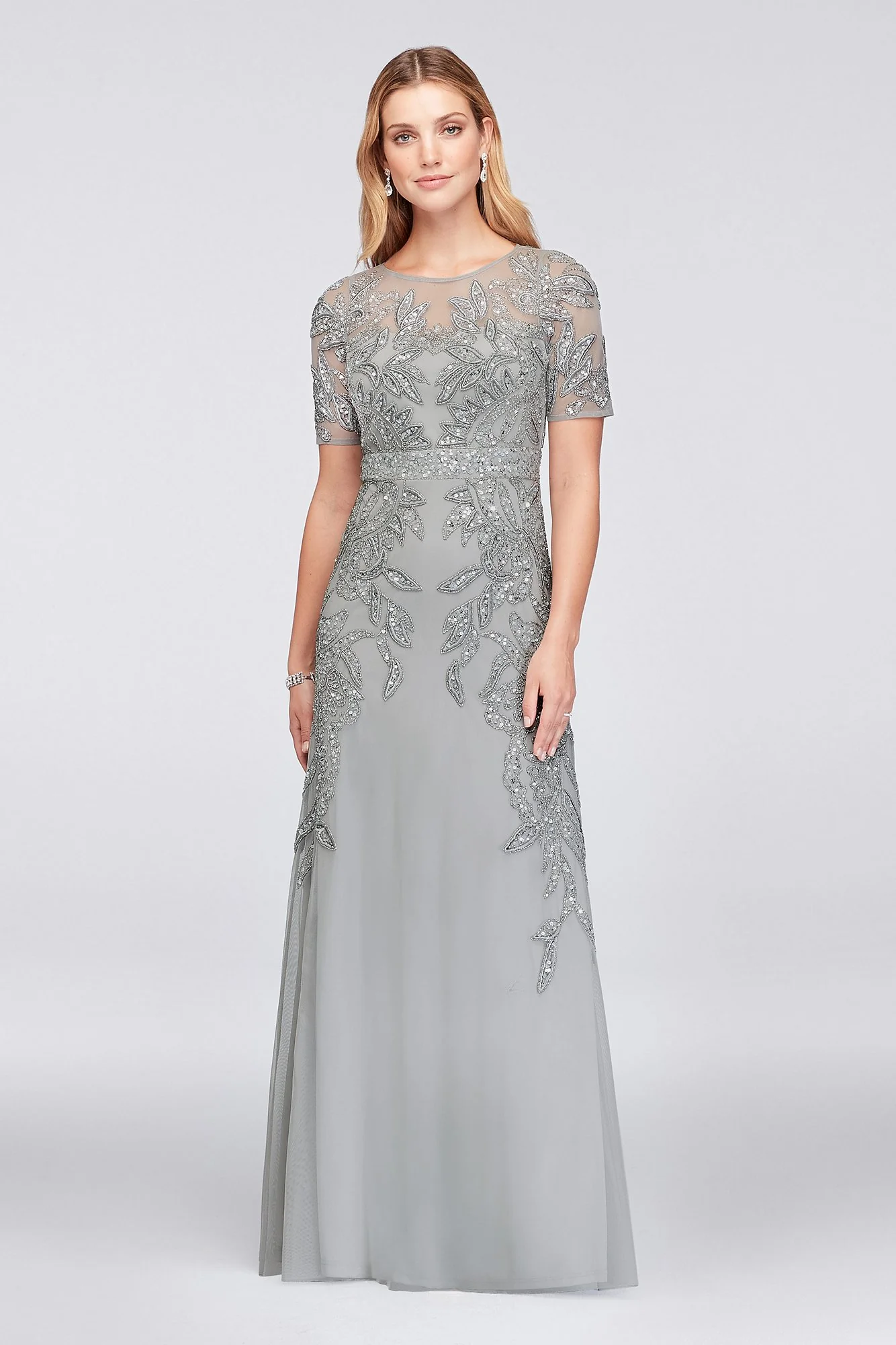Vine-Beaded Mesh Gown with Elbow-Length Sleeves