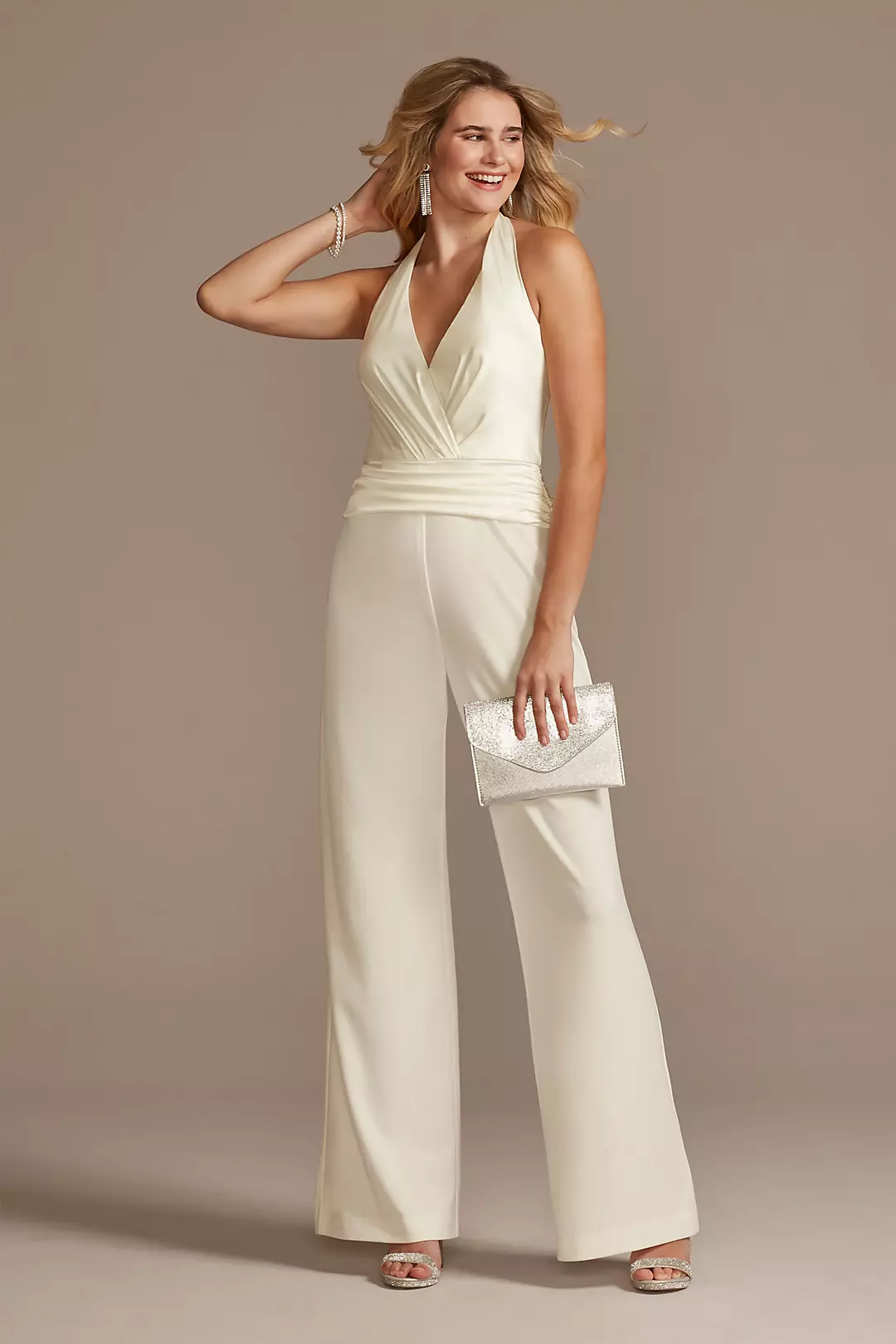 Wide-Leg Crepe Jumpsuit with Satin Halter Bodice - Image 11