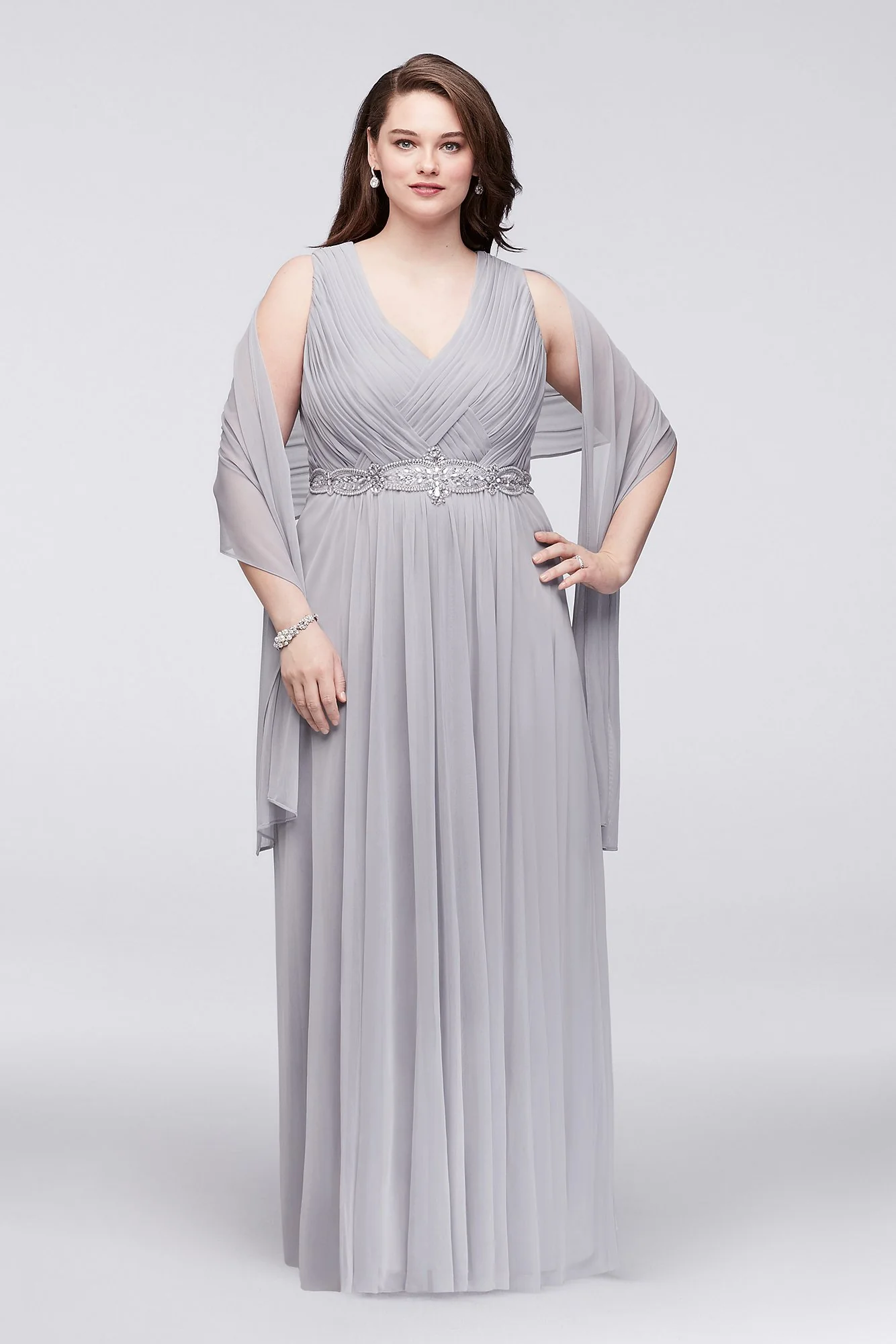 Woven-Bodice Chiffon Plus Size Gown with Beading
