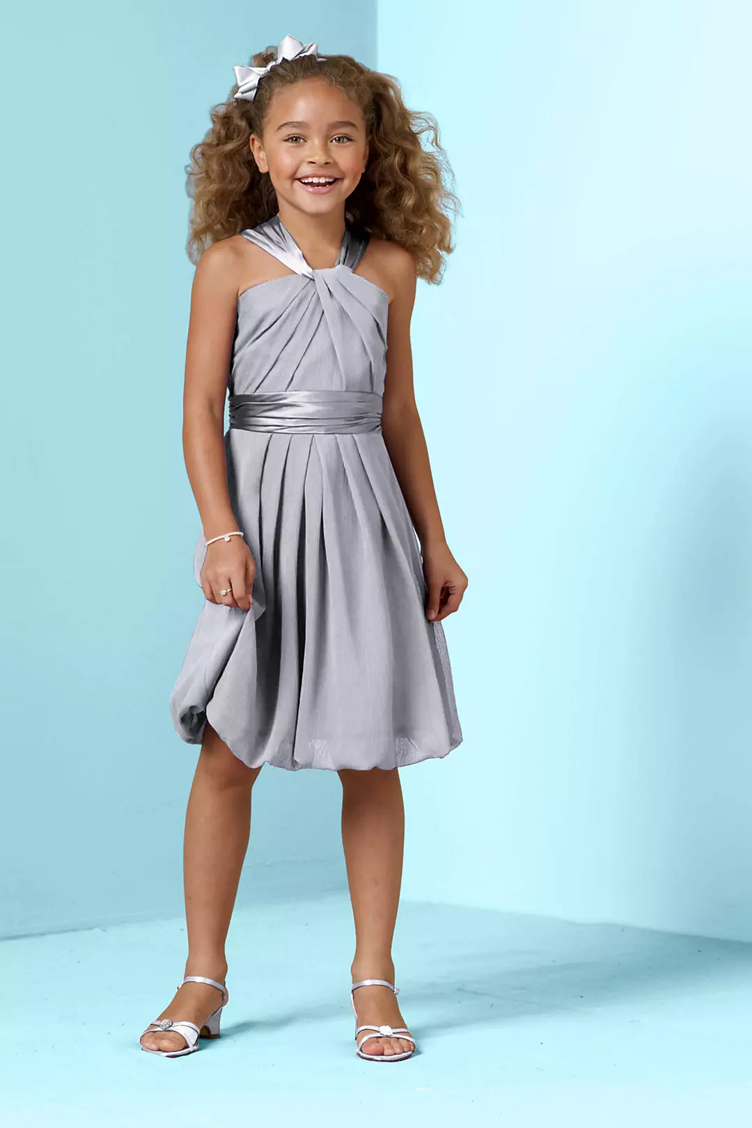Y Neck Crinkle Chiffon and Charmeuse Dress - Image 77
