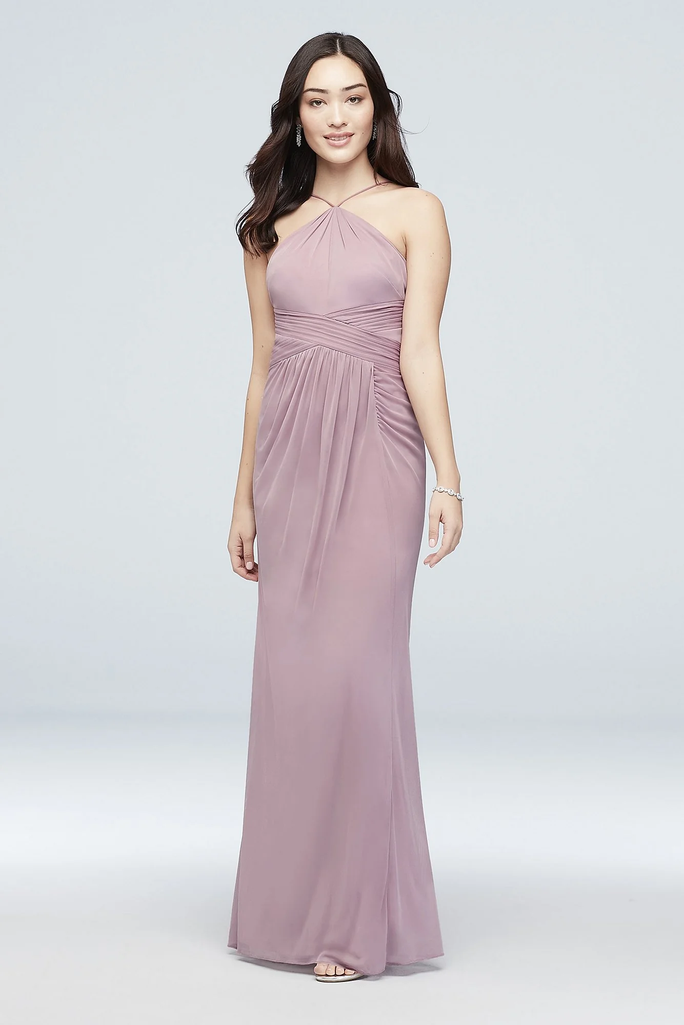 Y-Neck Mesh Bridesmaid Dress with Pleated Waist