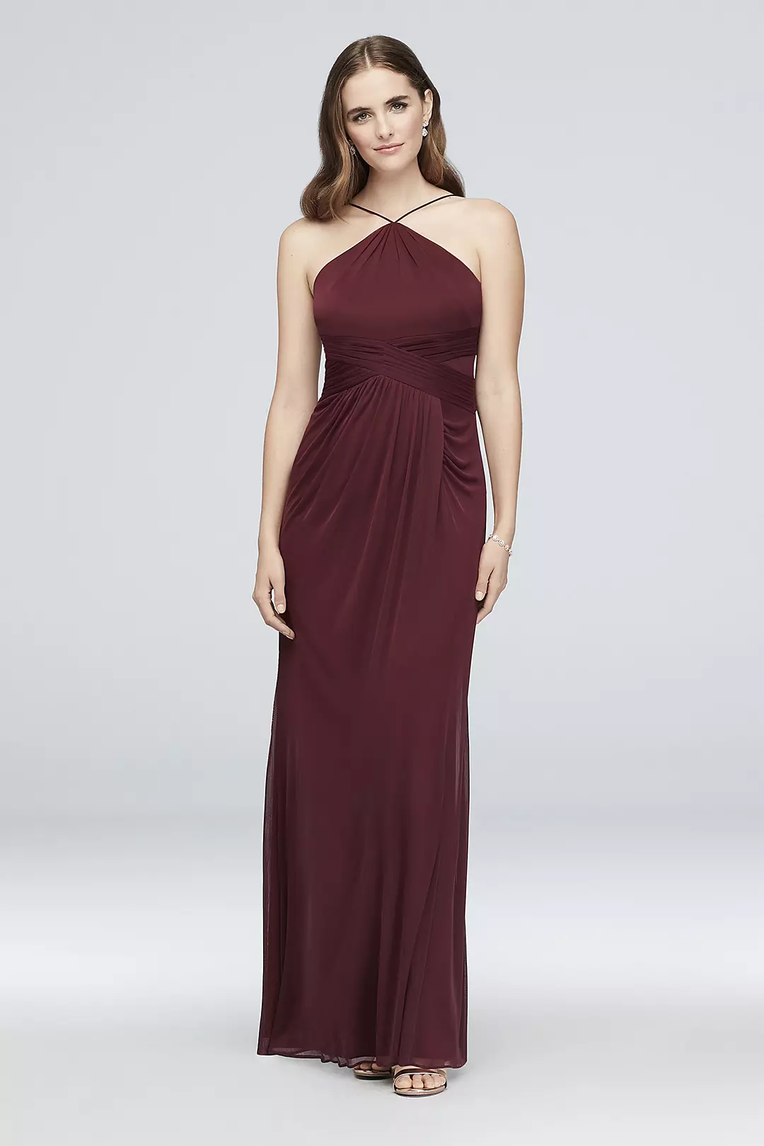 Y-Neck Mesh Bridesmaid Dress with Pleated Waist - Image 12
