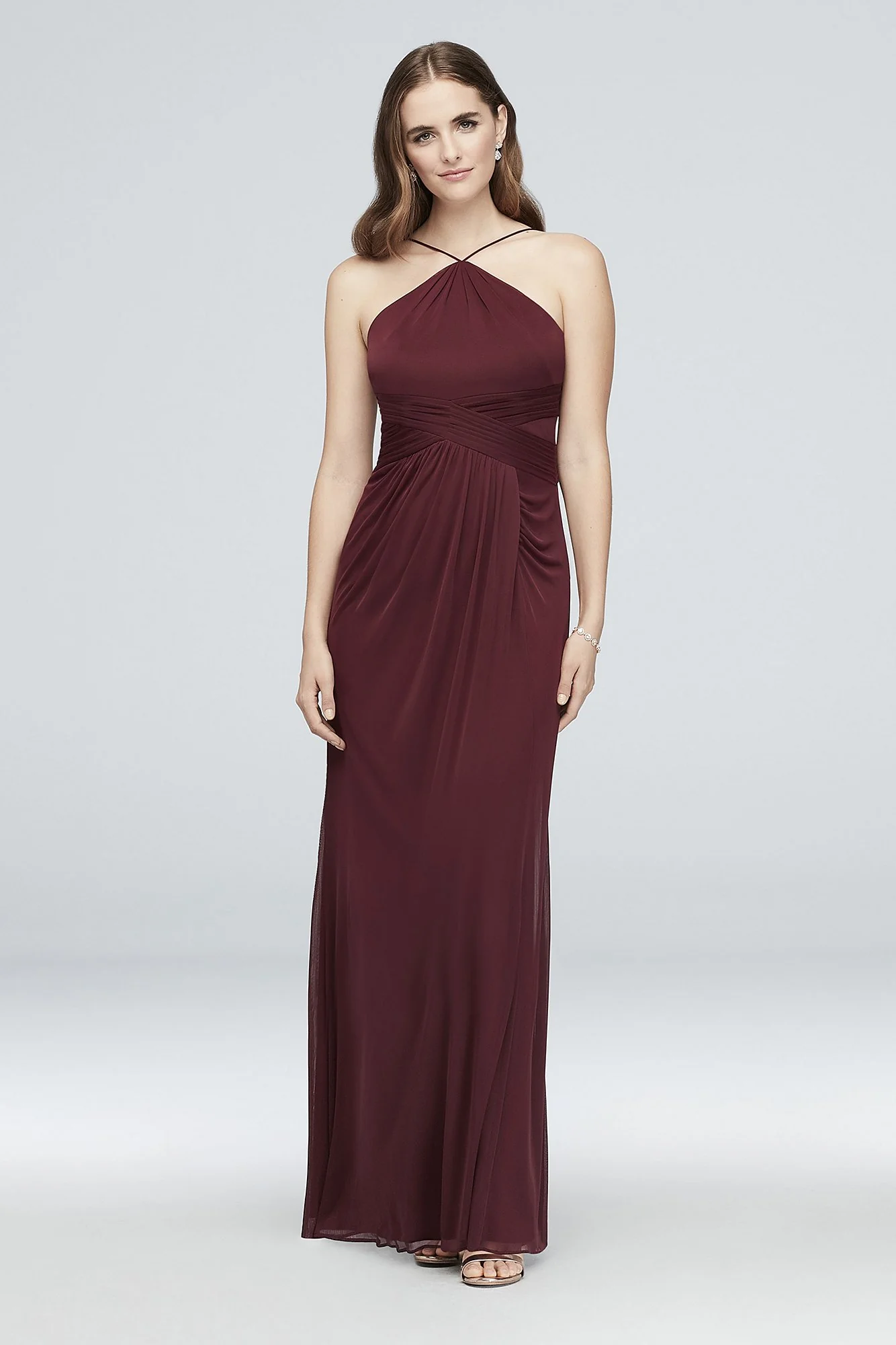 Y-Neck Mesh Bridesmaid Dress with Pleated Waist - Image 4